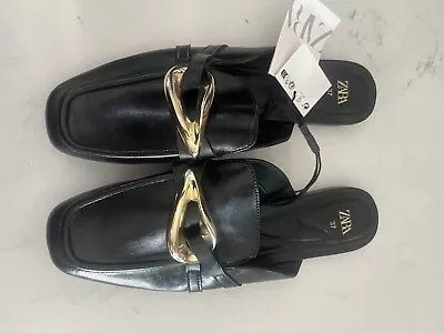 New ZARA MULE LOAFERS Shoes EMBELLISHED METALLIC BLACK SIZE 37 Faux Leather • $42