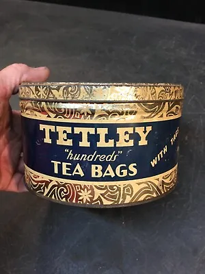 VINTAGE TETLEY HINDREDS TEA BAG TIN Box Round EMPTY CANISTER Container 6in • $19.80