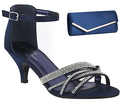 £48.99 • Buy Ladies Diamante Mid Heel Peep Toe Ankle Strap Sandals With Matching Clutch Bag 