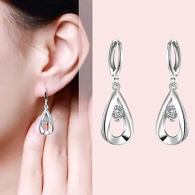 $8.99 • Buy Women's 925 Sterling Silver CZ Crystal Hollow Teardrop Drop Dangle Earrings 