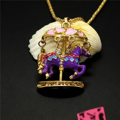 New Enamel Purple Charm Carousel Crystal Fashion Women Pendant Sweater Necklace • $3.51