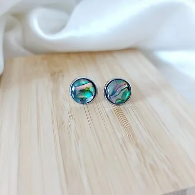 Abalone Shell Natural Gemstones 10mm Handmade Surgical Steel Stud Earrings • £6.99