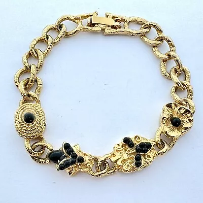 Vtg 60’s Filigree Ornate Fleur-de-Lis Flowers Black Glass Gold Tone Bracelet • $24.99