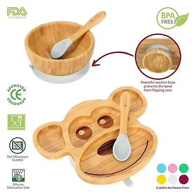 Bamboo Monkey Plate Bowl & Spoon Set Suction Feeding Set Stay-Put Design Weaning • £16.95