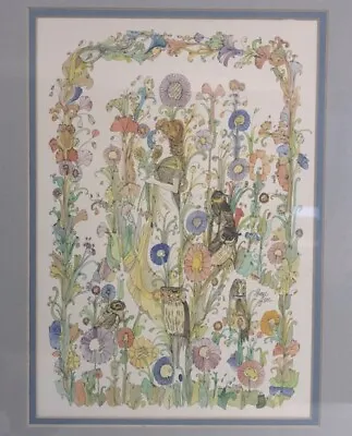 Original Diane Elson Watercolor Garden Owls Vintage '70's Well Framed 17” X  13” • $229.50
