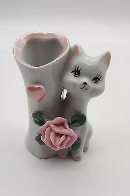 $5.25 • Buy Vintage Porcelain Cat Heart Pink Rose Bud Vase Figurine Kitty 