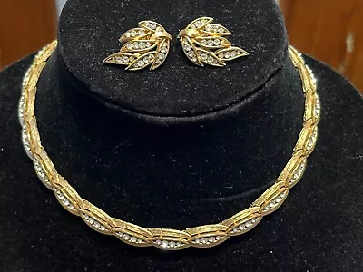 Vintage Crown Trifari Necklace & Earring Set Gold Tone With Crystal Rhinestones • $66