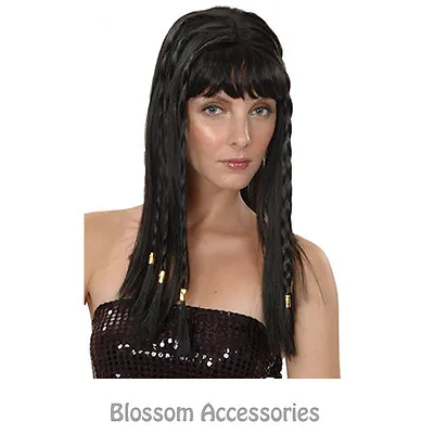 AS124 Egyptian Cleopatra Roman Black Long Adult Costume Wig With Braids • £11.97