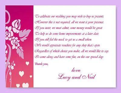 25 Money Cash Gift Poem Cards - Personalised - Wedding Honeymoon Money • £2.50