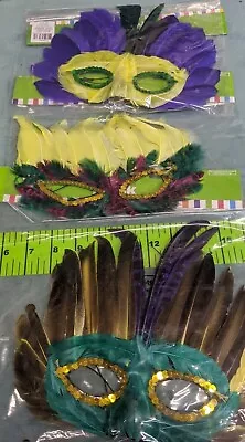 Lot Of 3 Decorative Mardi Gras Eye Masks Ribbon Feathers Green Party Costume • $14.99