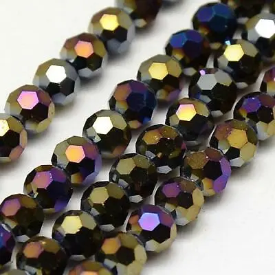 FACETED ROUND CRYSTAL GLASS BEADS 8mm 6mm 4mm BLACK 'AB' LUSTRE • £2.79