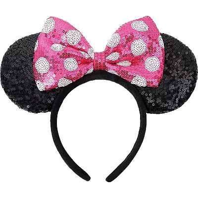 RARE Disney Parks Mini Mouse Ears Sequined Head Band W/ Pink Sequined Bow • $21.95