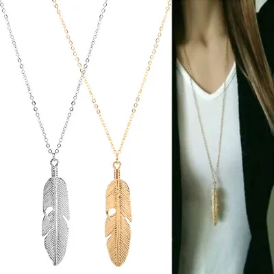 Big Feather Leaf Pendant Necklace Charm Long Chain Gold Silver Trendy Fashion • £3.49