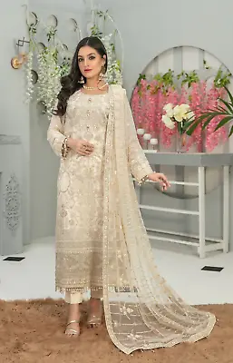 Pakistani Designer Embroidered Chiffon Unstitched 3 PC Wedding Shalwar Kameez • £34.99