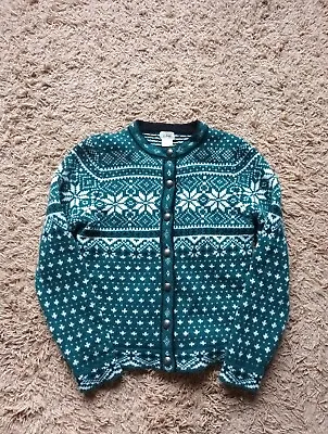 LL BEAN Womens Vintage Green Lambs Wool Fair Isle Cardigan Jumper Size Small S • £24.95