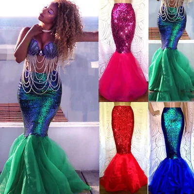 Womens Lady Mermaid Tail Full Skirt Adult Cosplay Costume Party Maxi Fancy Dress • £7.99