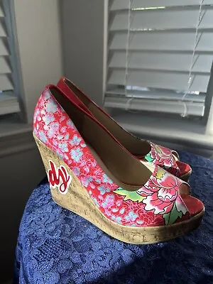 Ed Hardy Red FloralSlip On Peep Toe Cork Wedge Platform Sandal Shoes SIZE W 7 • $37