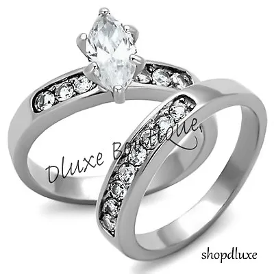 Beautiful Marquise Cut Stainless Steel AAA CZ Wedding Ring Set Women's Size 5-10 • $16.99