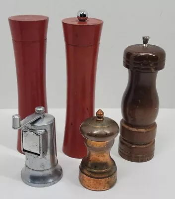 5 Vtg Salt Shaker & Pepper Grinder Set Mix Lot Japan Wood USA Copper Aluminum • $16.99