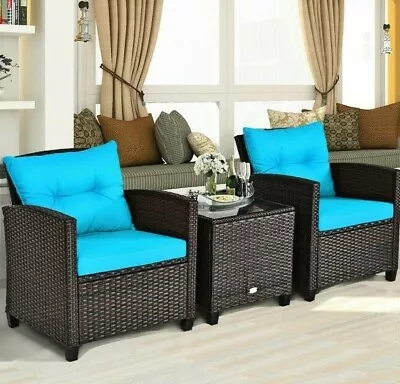 3PC Patio Rattan Furniture Set Cushioned Conversation Outdoor Set Sofa Turquoise • $198.96