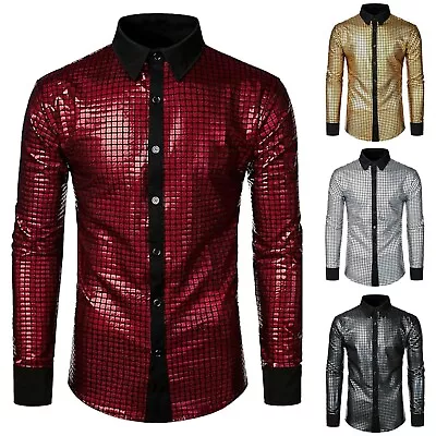 Mens Performance Clothing Sequin Casual Shirt New Mens Fashion Shiny Lapel • $19.31