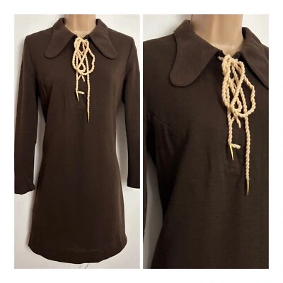 £9.99 • Buy Vintage 60s BETTY BARCLAY Brown Beagle Collar Lace Up Wool Mod Shift Dress 10