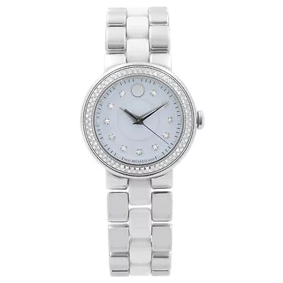 Movado Cerena 28mm Steel White Ceramic Diamond Bezel Quartz Ladies Watch 0606931 • $1199