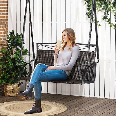 Outsunny 2-Person Wicker Porch Swing Hanging Swing Bench With Steel Chains • $142.99