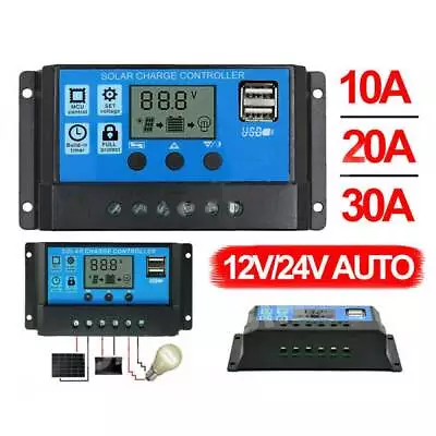 10A 20A 30A Solar Panel Controller Battery Charge 12V/24V LCD Regulator Dual USB • £10.59