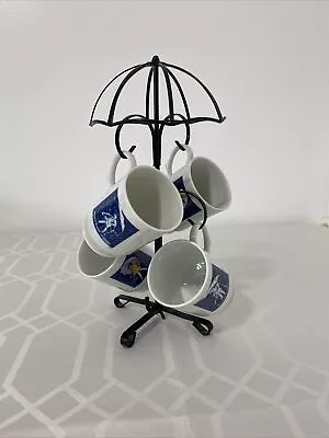 Vintage 14” Morton Salt Metal Umbrella Coffee Mug Stand W 4 Mugs • $45