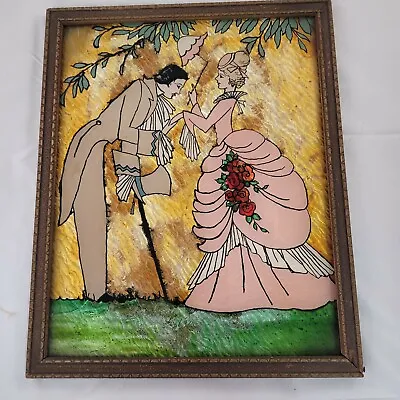 Vtg Foil Art Reverse Painted Picture Courting Couple Red Roses 10.75  X 8.5   • $18.99