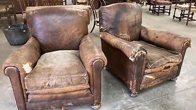 Antique Pair Of Leather  Club Armchairs - 1920's / 1930's Film/ Theatre Prop • £270