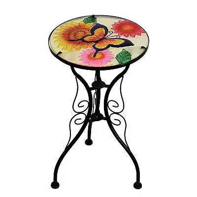 Garden Glass & Iron Round Coffee Table Flowers And Butterfly Mosaic Design Patio • £17.99