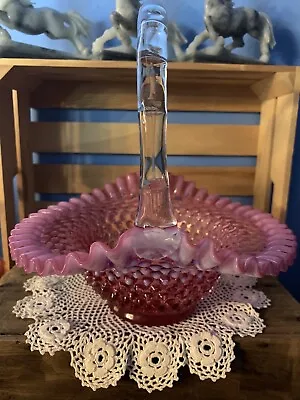 Vintage Cranberry Fenton Hobnail Wedding Basket Stunning &Large 10 1/2 Inches • $70