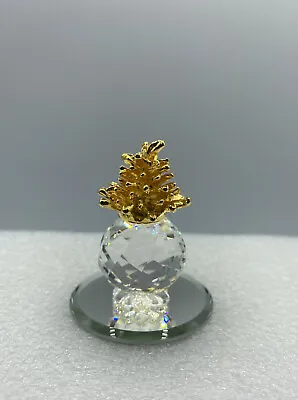 Swarovski Miniature Crystal Glass Pineapple On Mirror W/Gold Metal Leaves 2 Tall • $38
