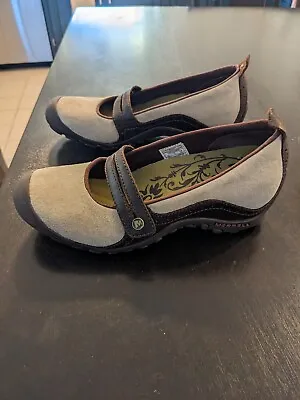 Merrell Plaza Bandeau Dark Taupe Suede Mary Jane Low Wedge Shoes J46404 Size 6.5 • $80