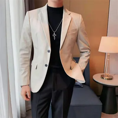 $81.75 • Buy Korean Men's Slim Fit Faux Leather Blazer Jacket Lapel Two Buttons Formal Coat L