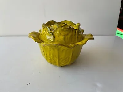Vintage 6  PV Majolica Covered Soup Bowl_Cabbage_Italy_Yellow Chartreuse_Signed • $25
