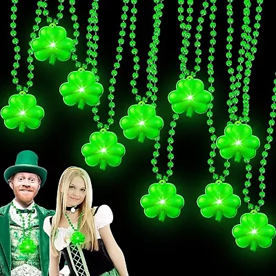 St.Patrick's Day Light Up Necklaces Shamrocks Metallic Green Beads Irish 10 Pack • $15.95