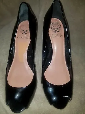 Vince Camuto Kira Black Lpatent Leather 7b/37 Womenladies Shoes Open Toe Heel • $21.99