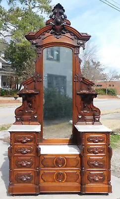 Outstanding Walnut Victorian Renaissance Marble Top Drop Center Dresser • $1850