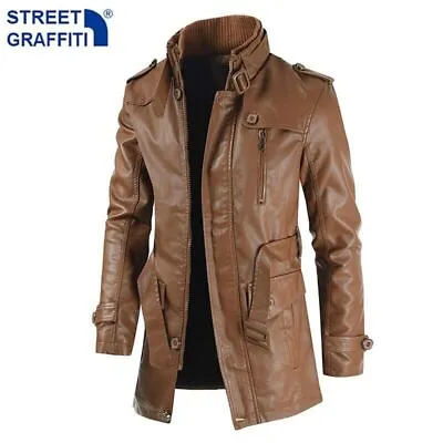 Men Winter Long Thick Fleece PU Leather Jacket Streetwear Business Coat Outwear • $98.64