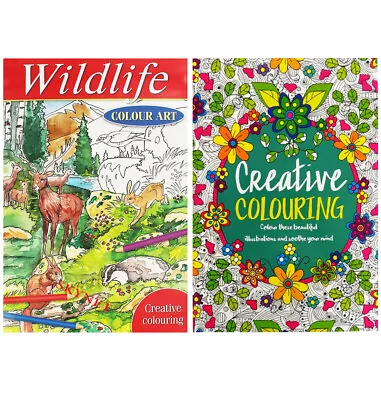 A4 CREATIVE & WILDLIFE Colouring Books Set Of 2 COLOUR THERAPY BOOK ART DOODLE • £4.99