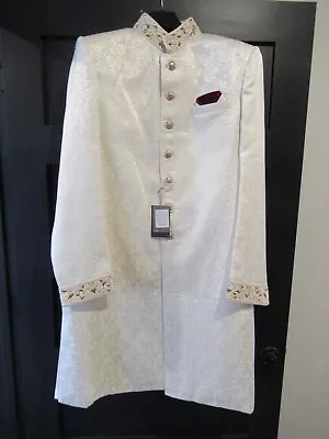 Indian Western Men's Wear White Beaded Wedding Suit Kurta Size 44 /Pants 40 • $95