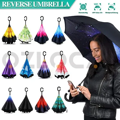 Windproof Inverted Upside Down Reverse Umbrella C-Handle Double Layer Inside-Out • $9.97