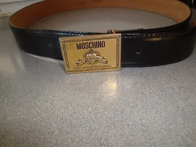 Moschino Made In Italy By Redwall Goldtone Buckle Blk Leather Belt Sz 42 Usa Med • $84.40