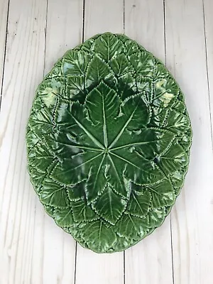Antique Majolica Grape Leaf Plate Oval Green European • $75