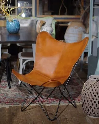 Retro Vintage Rustic Brown Leather Butterfly Chair With Folding Iron Frame • $128