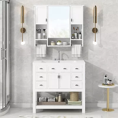 36'' Bathroom Vanity Storage Cabinet With Top Sink And Wall Mount Mirror Cabinet • $213.99