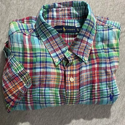 Polo Ralph Lauren Shirt Men Short Sleeve Button Down Madras Plaid 100% Linen XL • $19.99